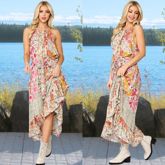 Sand & Sage Floral Halter Hi Low Maxi Dress Retro - Picture 2 of 5